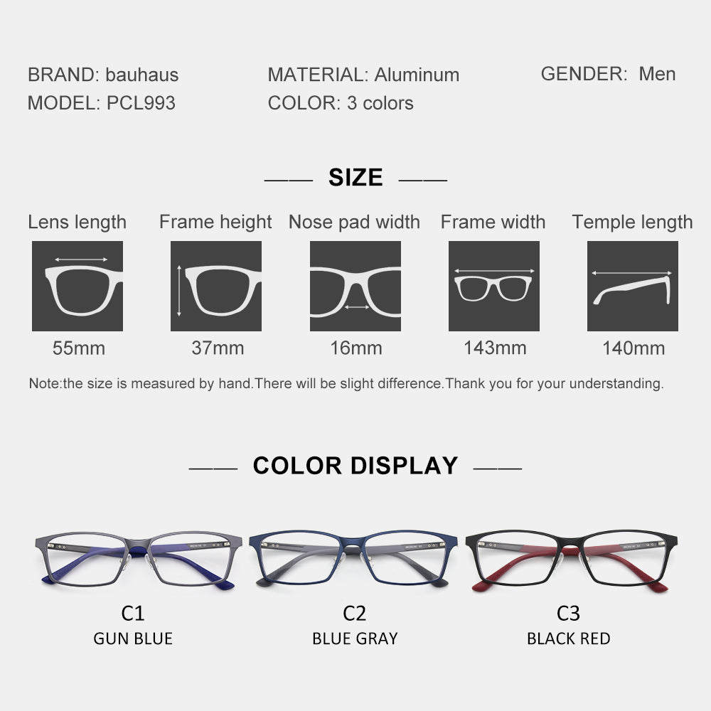 PCL993 Men's Ultra-Light Aluminum Frame Glasses Customizable Prescription Blue Light Blocking High-Quality Eyewear
