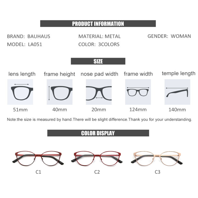 LA051 Cat Eye Designer Metal Frames Classic Glasses Optical For Women