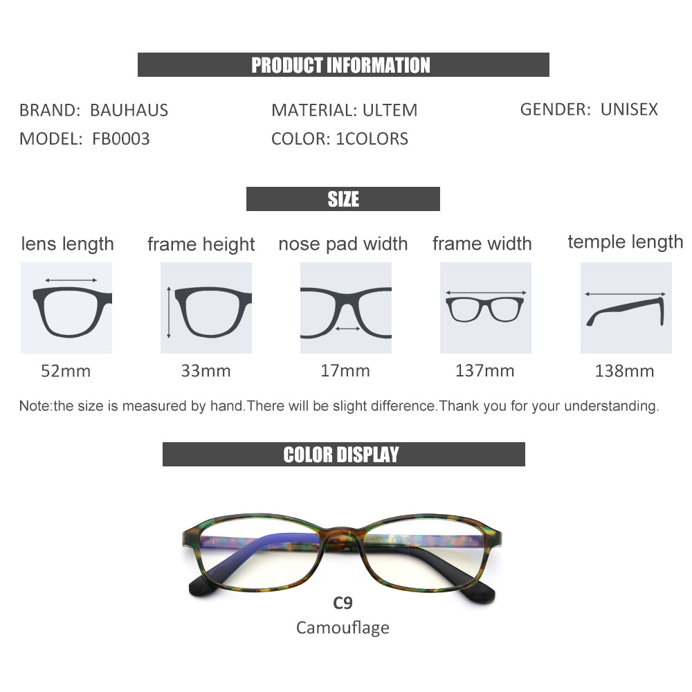 FB0003 New Arrival TR-90 Frame Glasses for Both Men and Women Styles Plastic Flexible Durable Eyewear Prescription