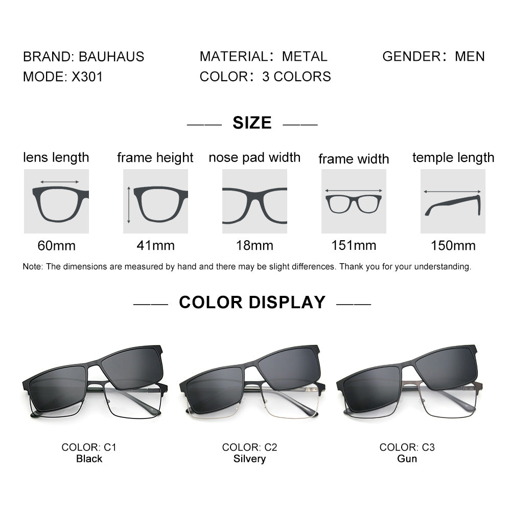 X301 Bauhaus Factory Direct High Quality New Design Big Frame Men Metal Eyewear Magnetic Clip on Sunglasses