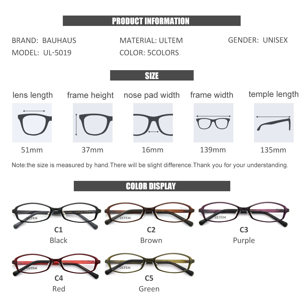 UL-5019 Men Women Rectangular Eyeglasses Plastic ULTEM Flexible Full Rim Glasses Frame