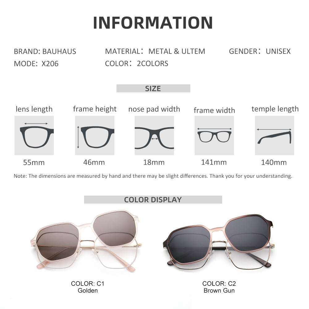 X206 Fashion Magnetic Polarized Clip-on Glasses Retro Polygon Alloy Optical Eyeglasses Frames for Women