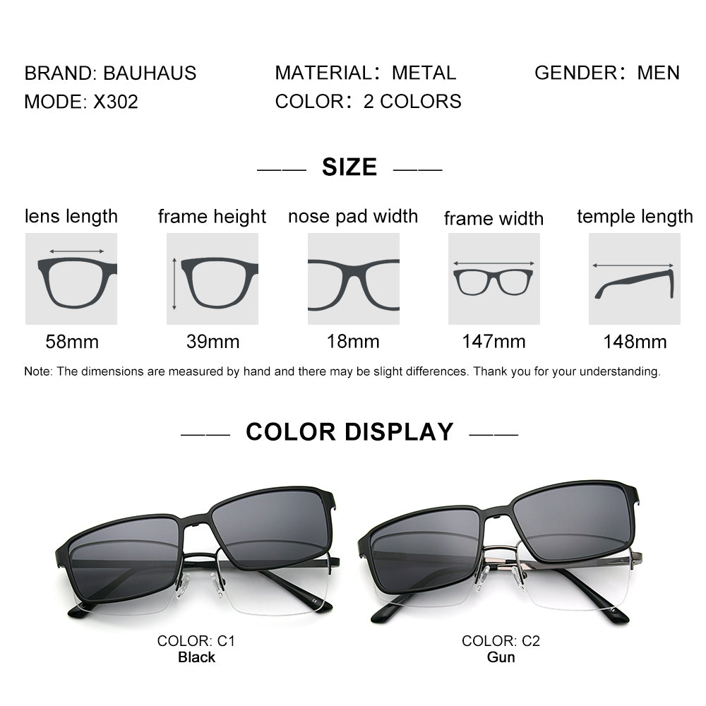 X302 Men's Semi-Frame Metal Magnet Holder Classic Business High-Quality Eyeglass Frame