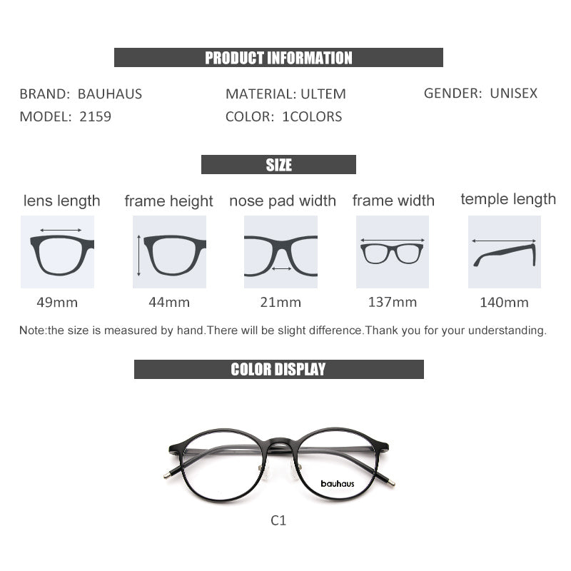 2159 Retro Round Eyeglasses Frame Ultem Material Unisex