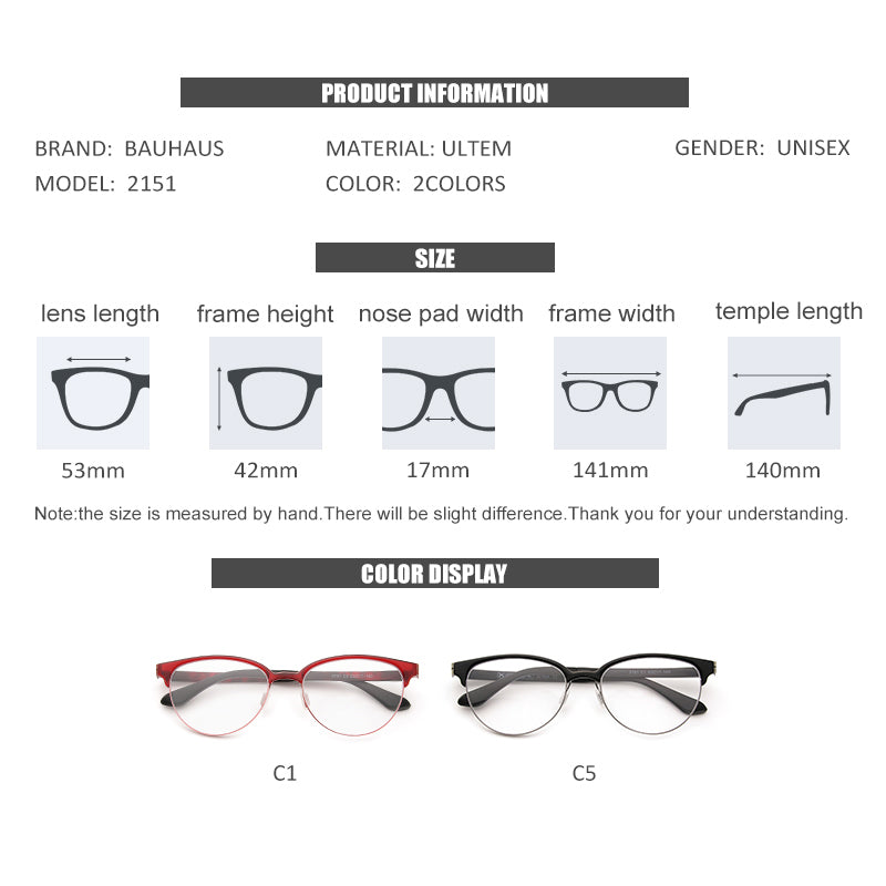 2151 Ultem Material Eyeglasses Half Frame For Women Men Optical Glasses