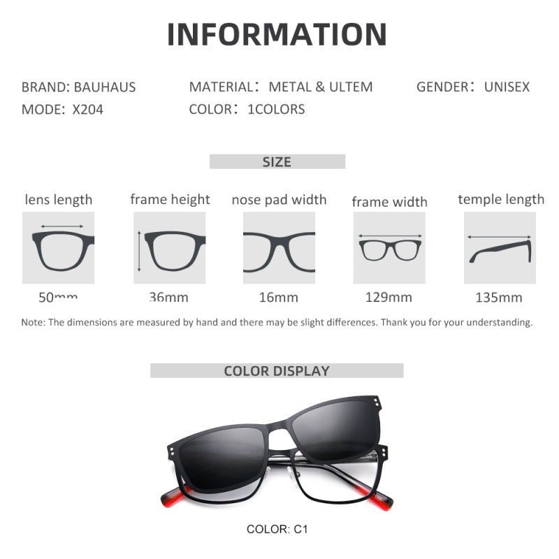 X204 2 In 1 Magnet Polarized Clip Glasses Frame Men And Women Optical Clip Glasses For Men Square Eyeglasses