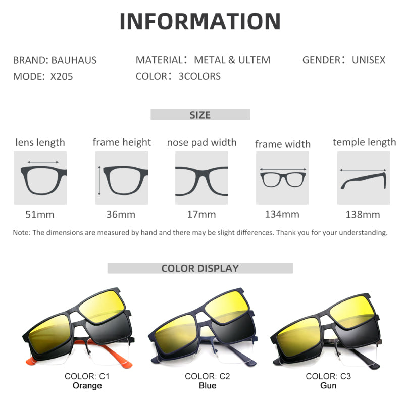 X205 Magnet Eyeglasses Men Full Rim Optical Frame With Sunglasses Clip Square Shape Glasses