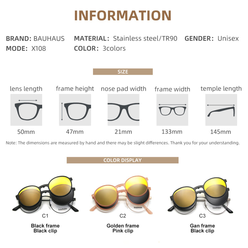 X108 Retro Round Prescription Eyeglasses Myopia Optical 2 In 1