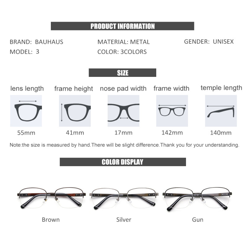 3 Glasses Frame Men Square Myopia Prescription Optical Eyeglasses New Metal Half Eyewear