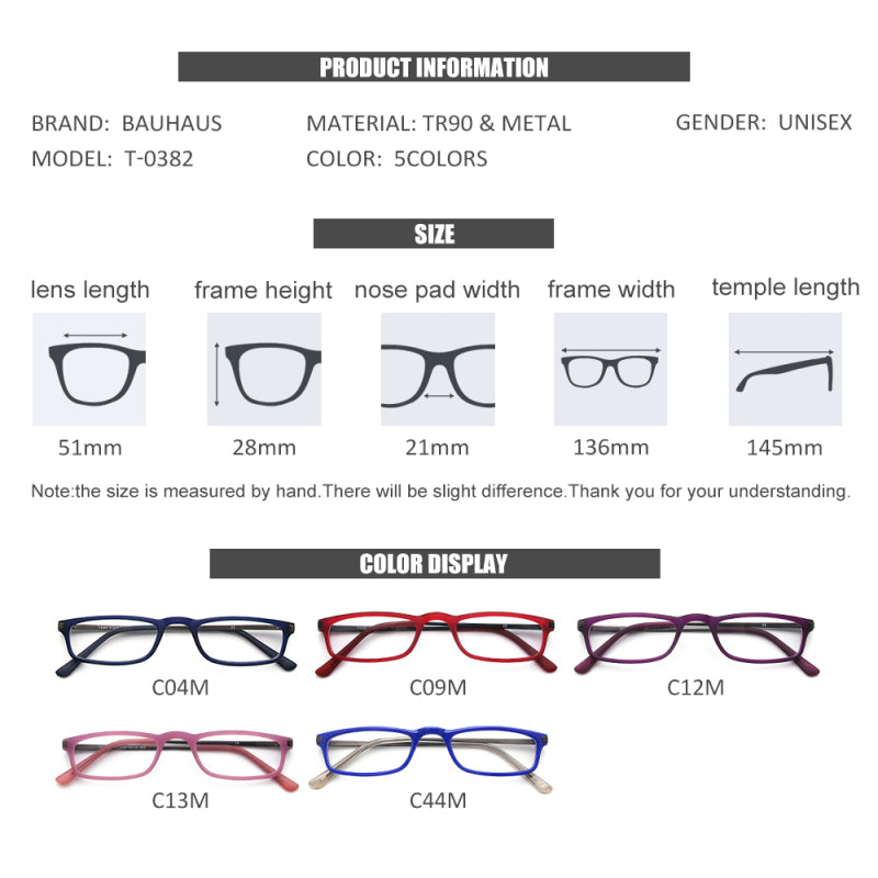 T-0382 Reading Glasses Frame Men Square Eyewear Full Optical Prescription +1.00~+4.00